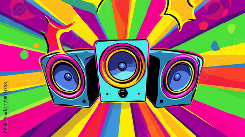 Wow pop art party sound system. Vector colorful background in pop art retro comic style.