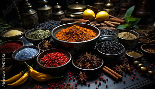 A variety of spices in a wooden bowl, close up generated by AI