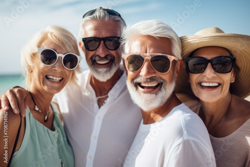 On a sunlit day  a diverse ensemble of satisfied European seniors  sporting summer clothing and sunglasses  revels in the simple pleasures of summertime