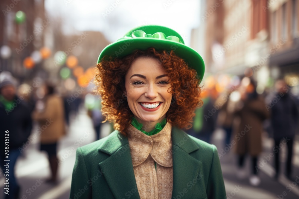 A woman spreads happiness on the city street, dressed in leprechaun clothes and a hat for St. Patrick's Day, her infectious smile turning the urban setting into a lively celebration A woman spreads happiness on the city street, dressed in leprechaun clothes and a hat for St. Patrick's Day, her infectious smile turning the urban setting into a lively celebration