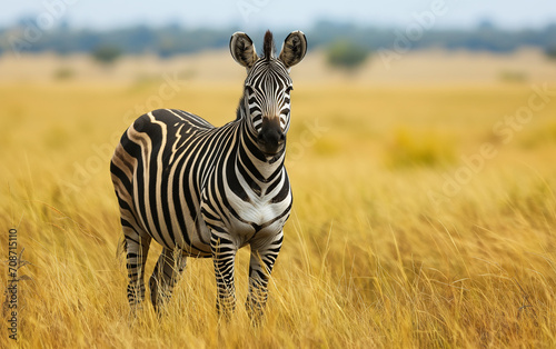Zebra standing in Savanna. Generative AI © Nipawan