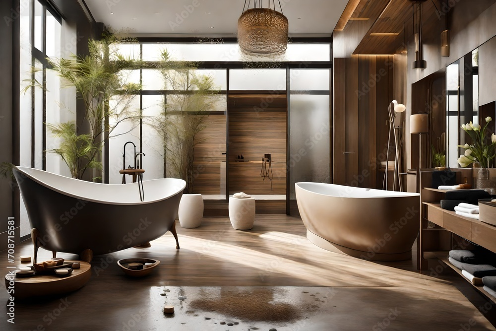 A spa-inspired bathroom with a freestanding bathtub, rain shower, and earthy tones for a serene and luxurious feel.