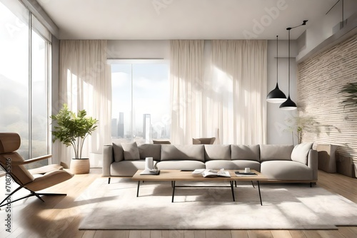 A minimalist living room with sleek furniture  bathed in natural light  highlighting modern design elements.