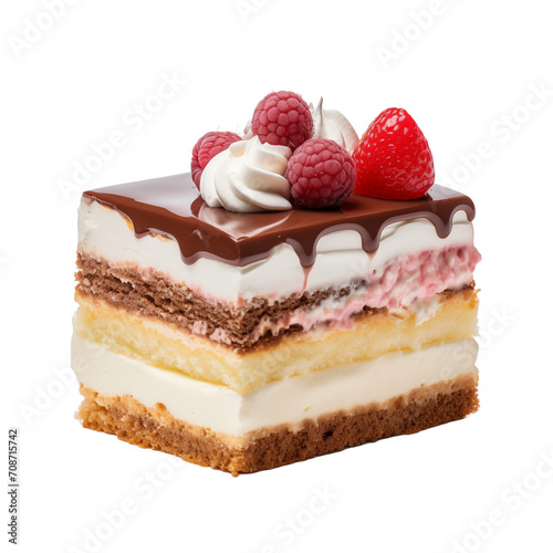 Slice of chocolate cake with strawberry isolated on transparent and white background. Generative ai