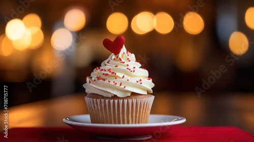 Cupcake with white whipped cream and a heart shaped decoration on white plate on table  Closeup