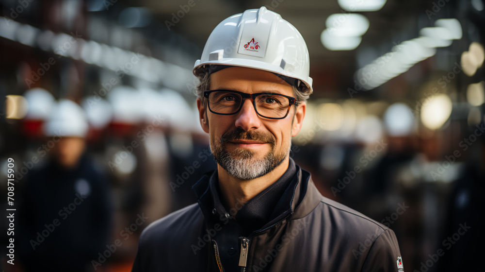 Factory worker - hard hat - low angle shot - blue collar - smiling and confident Factory worker - hard hat - low angle shot - blue collar - smiling and confident