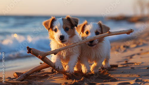 Cute puppy playing outdoors, sitting in the sand at sunset generated by AI