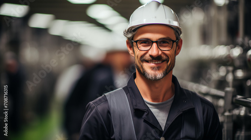 Factory worker - hard hat - low angle shot - blue collar - smiling and confident 