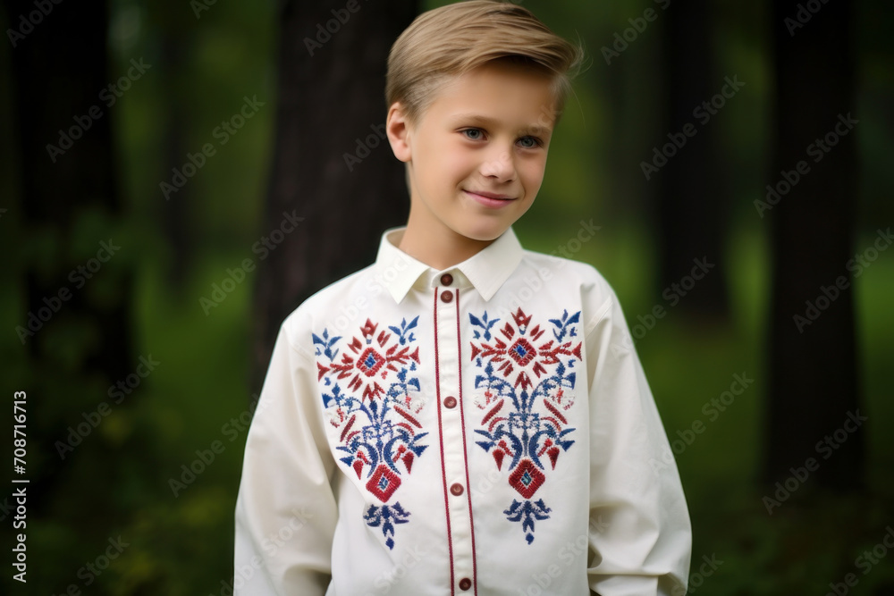 Caucasian boy in traditional clothes, embroidered national shirt Caucasian boy in traditional clothes, embroidered national shirt