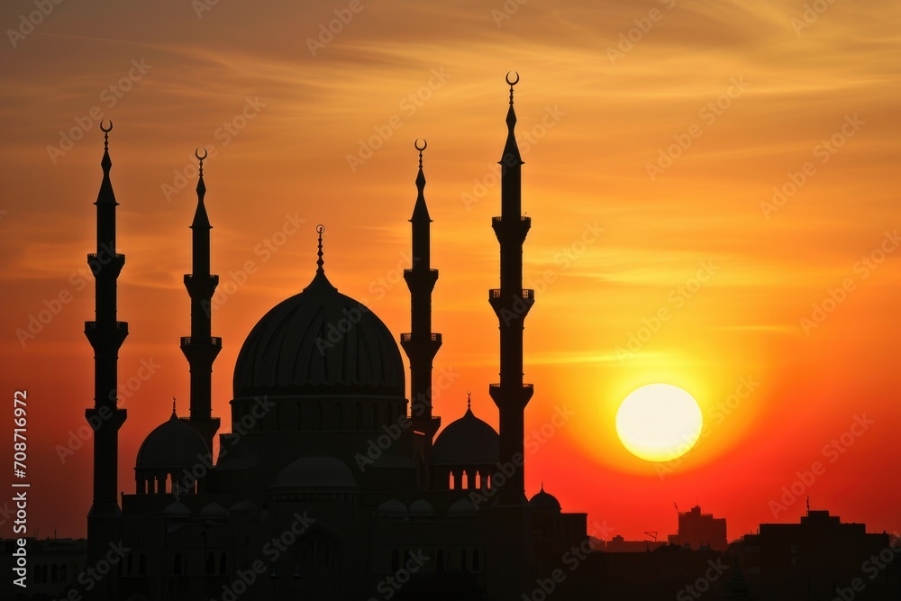 The silhouette of a mosque set against the backdrop of a twilight sky, representing Ramadan, creates a serene and spiritual mood