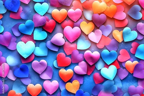 Colorful paper hearts on a blue background with a ray of sun. Valentine's day background.