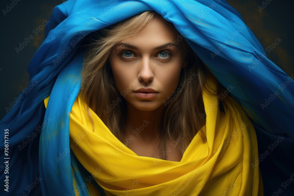 Woman refugee wrapped in Ukrainian flag look at the camera