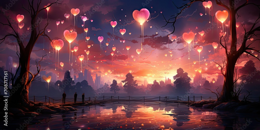 delightful scene where many hearts soar and dance in the sky. These hearts, light and ethereal, 