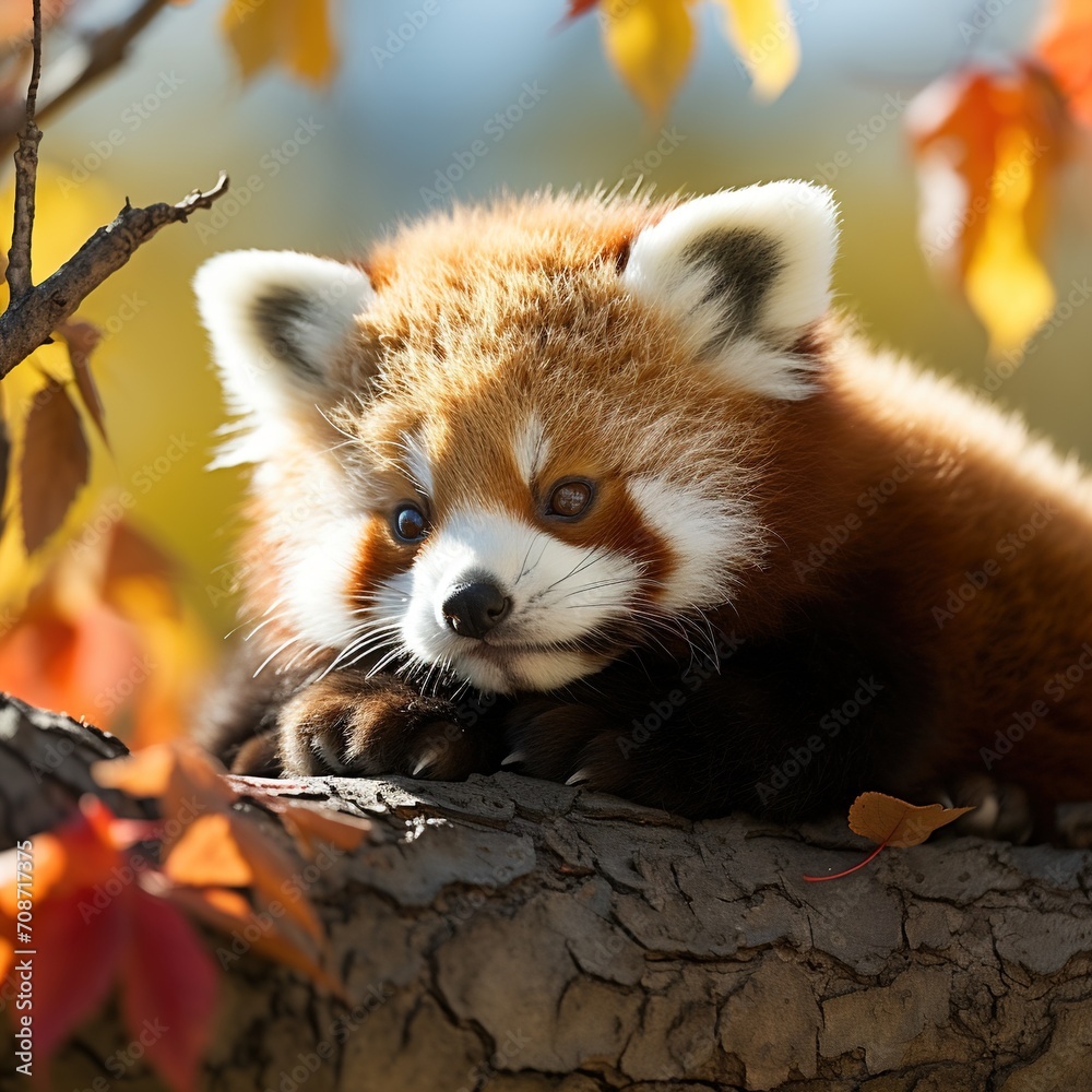 Obraz premium Red panda in a tree with autumn leaves