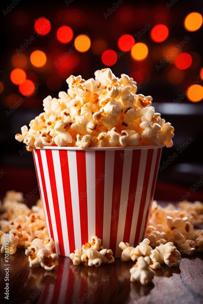 A red and white striped bucket of popcorn with a blurred background of red and yellow lights A red and white striped bucket of popcorn with a blurred background of red and yellow lights