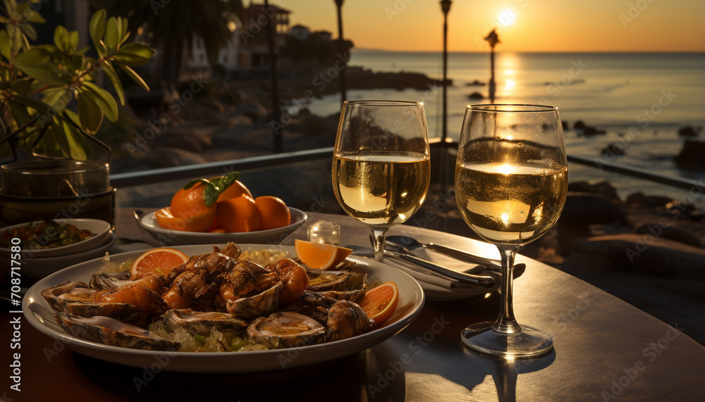 Luxury sunset meal outdoors gourmet seafood, white wine, freshness generated by AI