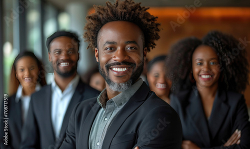 Portrait of successful group of African business people at modern office looking at camera. Portrait of happy African  businessmen and satisfied businesswomen standing as a team photo