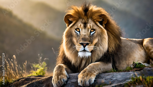 A close-up of a lion lying on the ground with its front paws on the ground