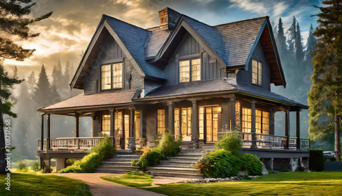 A gray ranch-style model house, farmhouse on meadow hill.