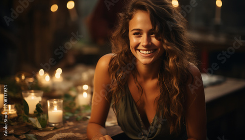 Young woman enjoying a cozy night, smiling by candlelight generated by AI