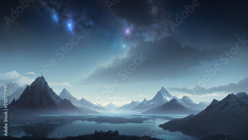 mountain landscape with a lake and a star sky