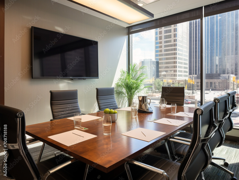 A professional boardroom with a large meeting table and comfortable chairs ready for a business discussion.