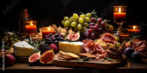 A rustic charcuterie board with an assortment of cheeses, cured meats, and fresh fruits 