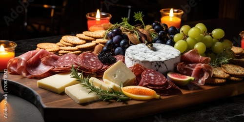 A rustic charcuterie board with an assortment of cheeses, cured meats, and fresh fruits 