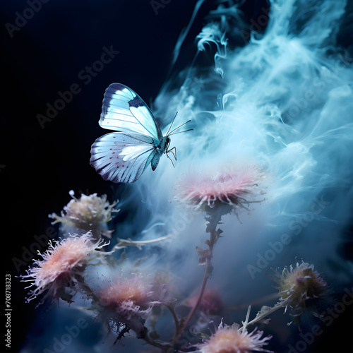 Glowing butterflies from paper on a dark background with light blue warm and cold smoke. Magical creatures concept with copy space