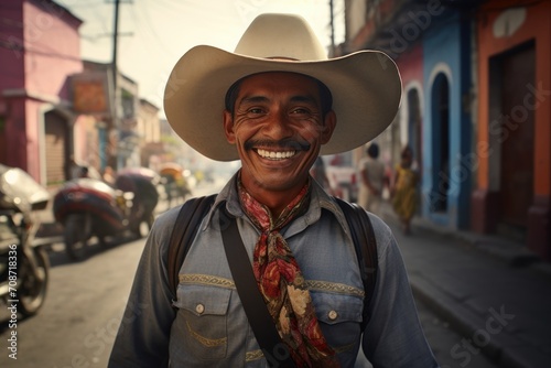 Smiling man in a traditional sombrero hat on the street