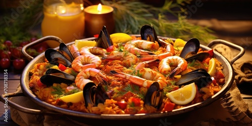 A seafood paella with a colorful array of shrimp, mussels, and saffron-infused rice - Flavorful and aromatic - Warm, golden hour lighting for a Mediterranean ambiance