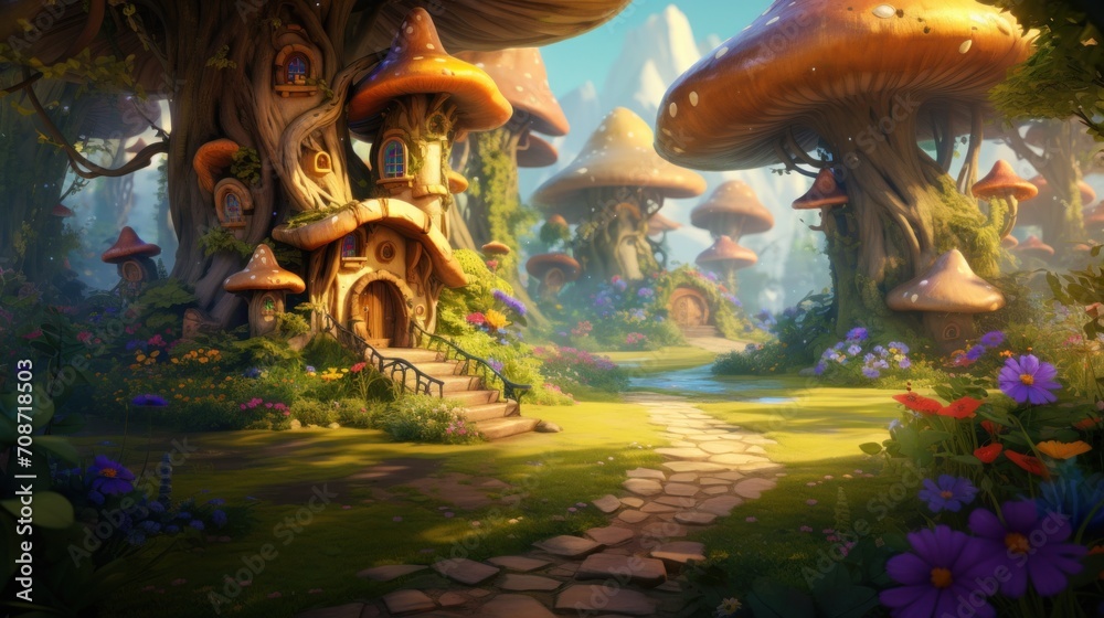 Fototapeta premium Enchanted forest scene with whimsical mushroom houses and lush flora. Fantasy art illustration.