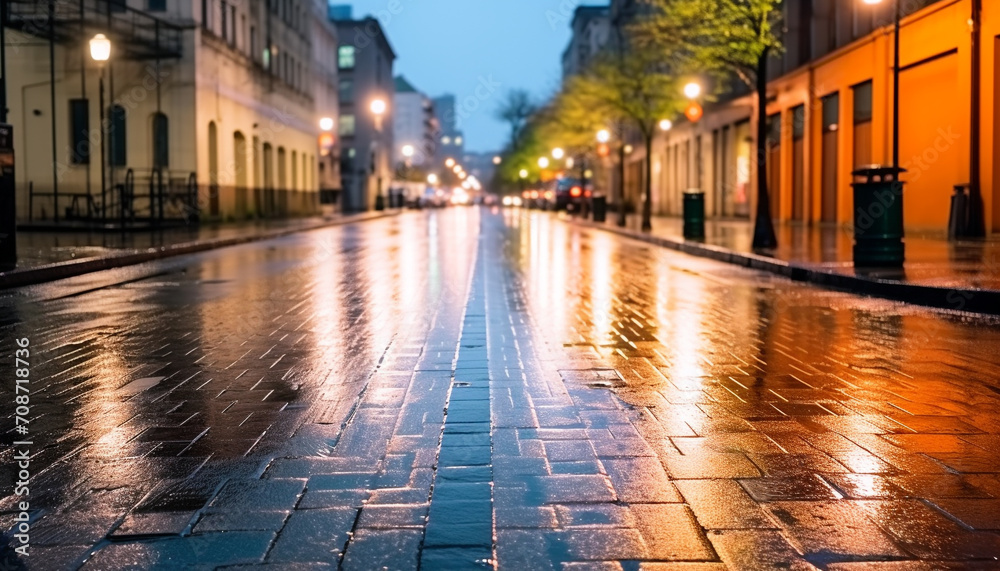 Illuminated city street with blurred motion and reflection generated by AI