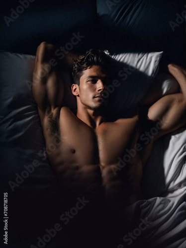 Man Lying in Bed Without Shirt, Relaxed and Comfortable. Generative AI.