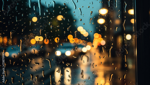 Raindrop on window glass creates abstract night reflections generated by AI