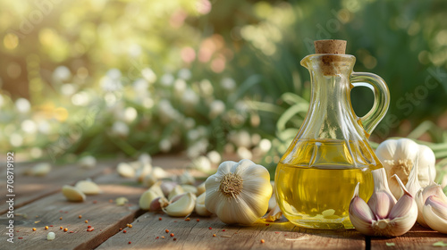 Essence of Garlic: Oil Bottle Set Against Garden Scenery
