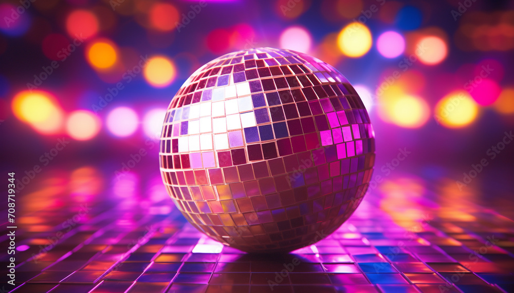 Obraz premium Shiny disco ball reflects vibrant nightlife celebration generated by AI