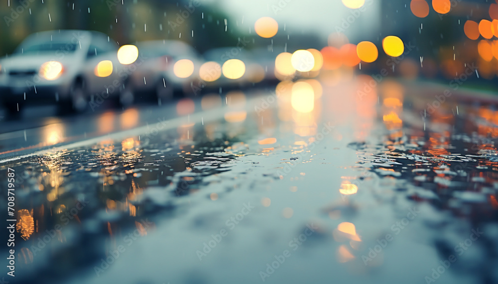 Raindrop reflections on wet asphalt in the city generated by AI