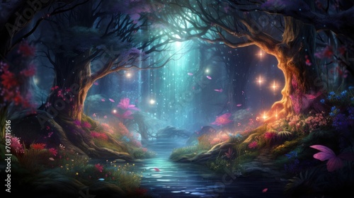 Enchanted forest scene with magical lights and mystical pathway. Fantasy concept.