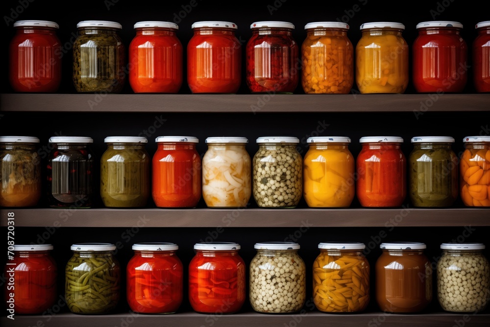 a shelf with neatly organized jars of preserves a shelf with neatly organized jars of preserves