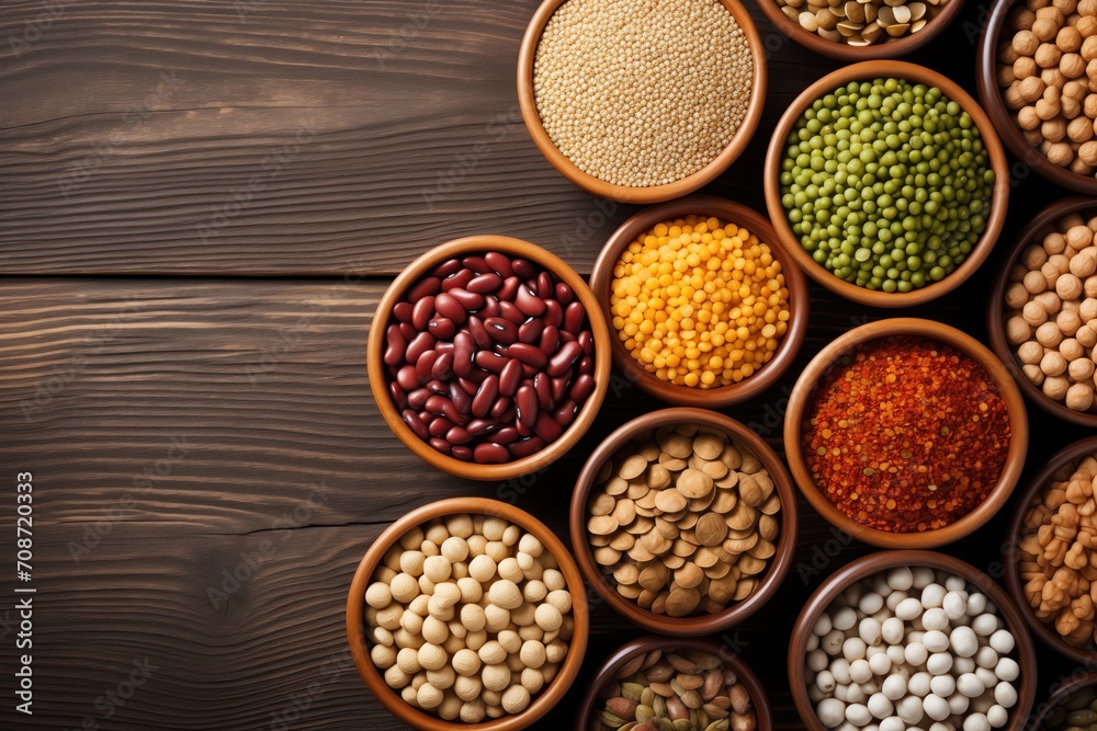 assorted lentils and beans organized in bowls on a wooden table