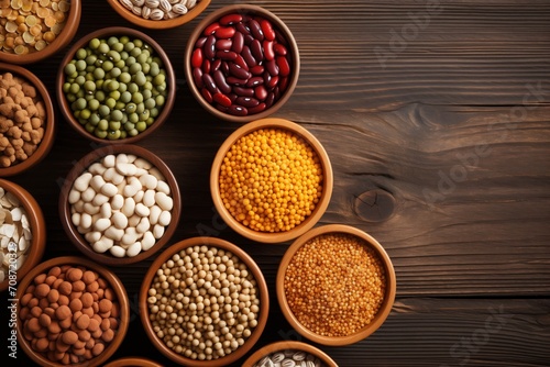 assorted lentils and beans organized in bowls on a wooden table
