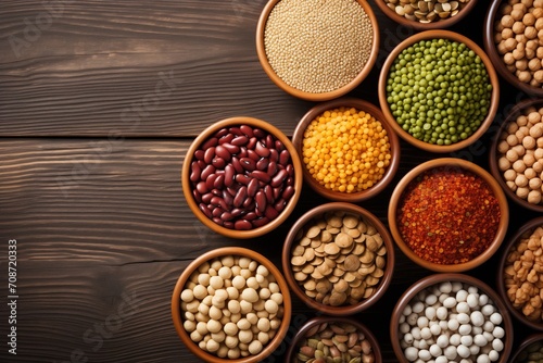 assorted lentils and beans organized in bowls on a wooden table