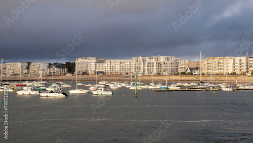Panorama of the coastline in the town of Pornichet in Brittany, with the port and sandy beach