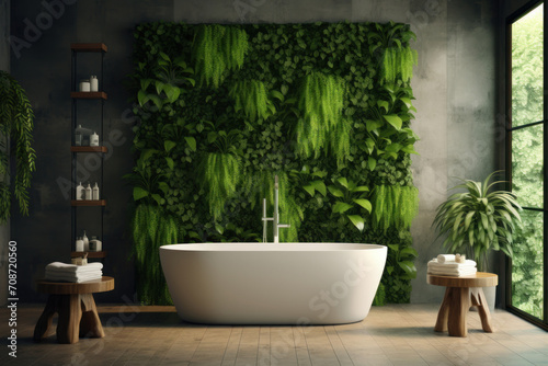 Stylish bathroom interior with bathtub. Background from leaves and plants. Plant wall with lush green colors