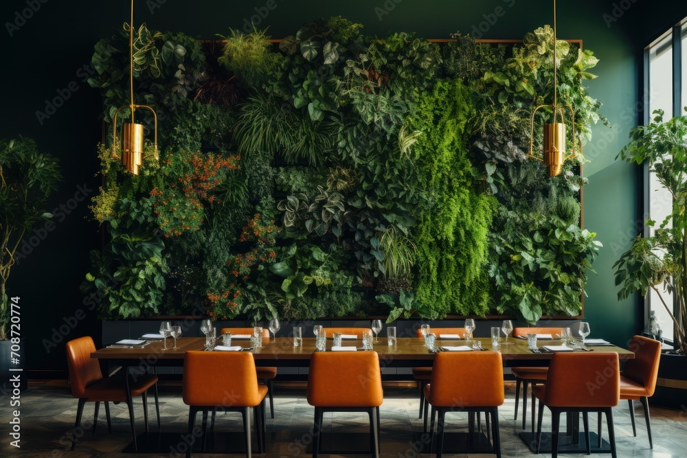 Fototapeta premium Dining room with vertical garden on the wall. Architecture, decor, eco concept