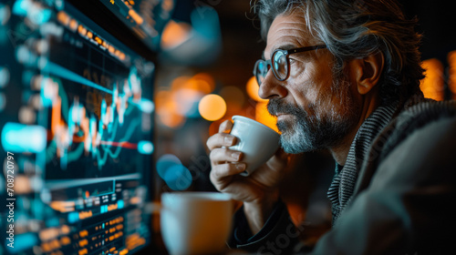 Two diverse crypto traders brokers stock exchange market investors discussing trading charts research reports growth using pc computer looking at screen analyzing invest strategy, financial risks.