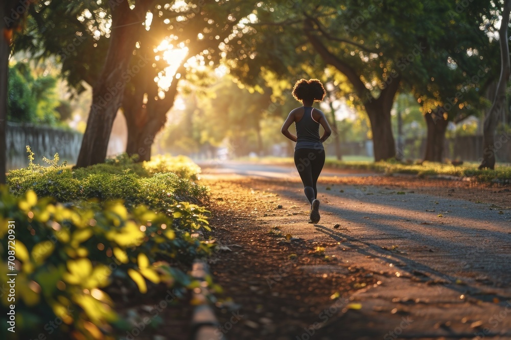 Fototapeta premium a woman jogging in the park on a sunny morning. Healthy lifestyle.
