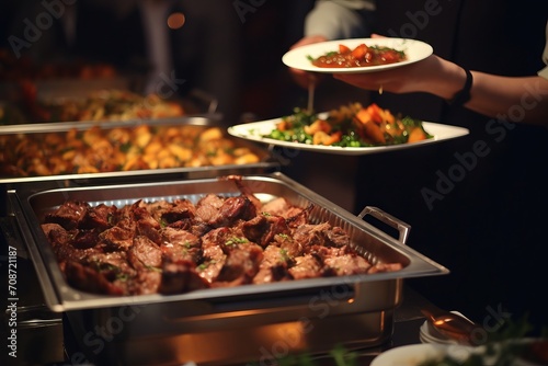Catering buffet in a restaurant, festive catering, a variety of dishes in containers on the table