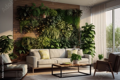 Stylish living room interior with comfortable sofa, coffee table. Background from leaves and plants. Plant wall with lush green colors © happy_finch